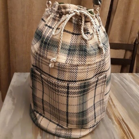 Plaid Retro Plaid Tote Double handle Bucket Shoulder Bag Purse Green Ivory LRG - Picture 4 of 11